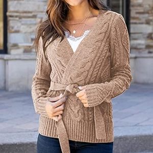 New Tan Brown Long Sleeve Belted Cardigan Cable Knit Sweater Belted Size XL
